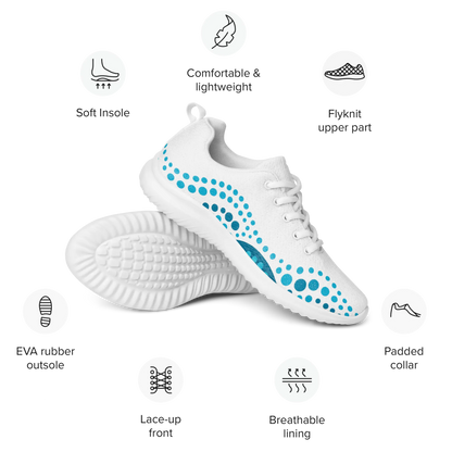 White athletic shoes with blue indigenous dot art pattern – Ocean Flow design