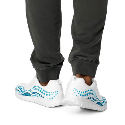 White athletic shoes with blue indigenous dot art pattern – Ocean Flow design