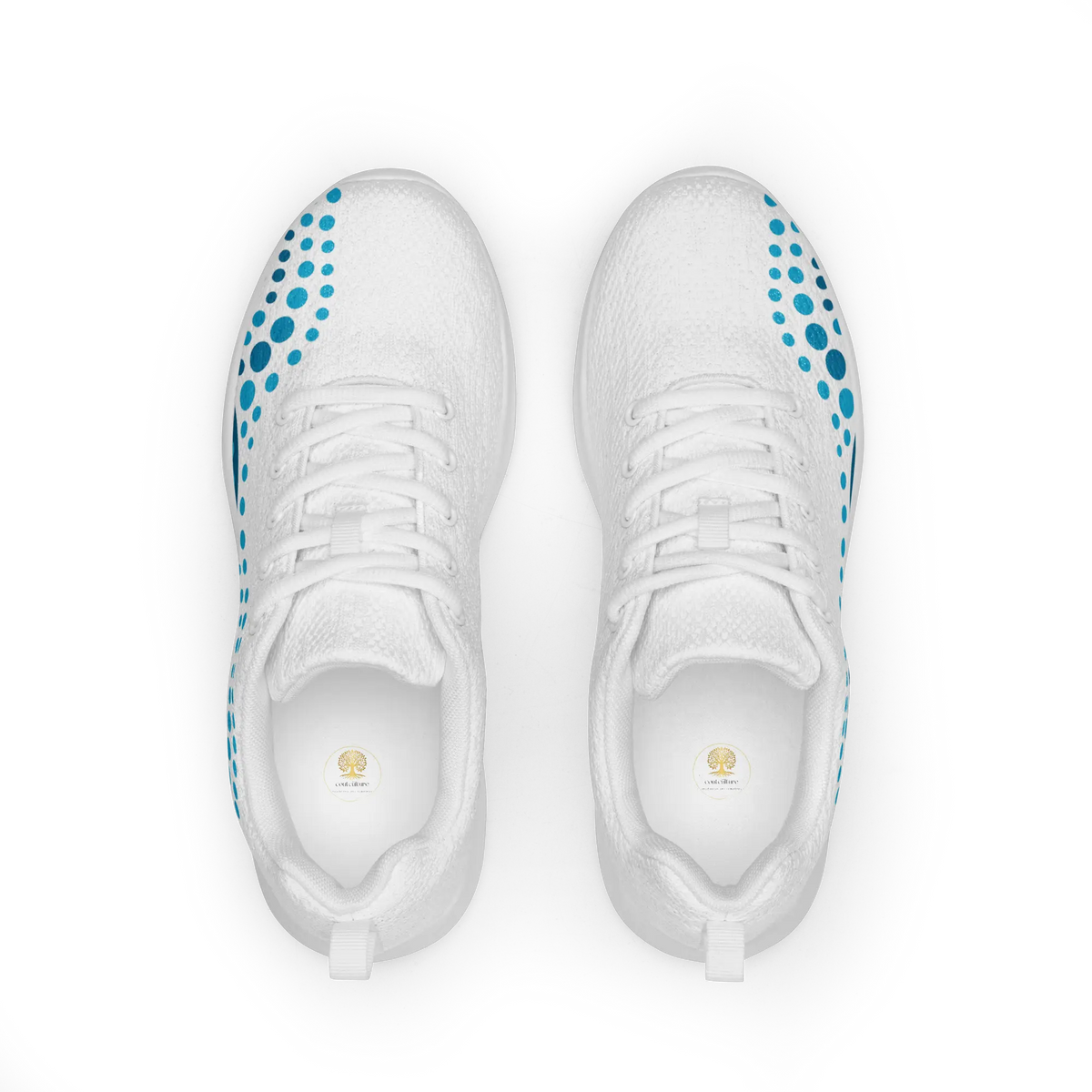 White athletic shoes with blue indigenous dot art pattern – Ocean Flow design
