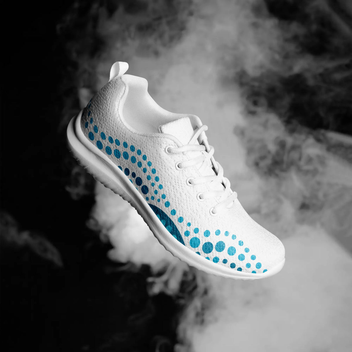 White athletic shoes with blue indigenous dot art pattern – Ocean Flow design