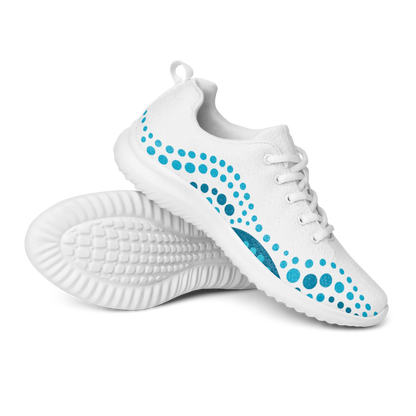 White athletic shoes with blue indigenous dot art pattern – Ocean Flow design