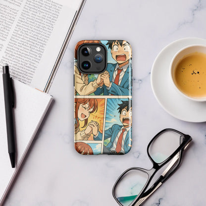Romantic manga-style iPhone case with comic panel scene of a boy and girl holding hands in school uniforms, compatible with iPhone 14–16.
