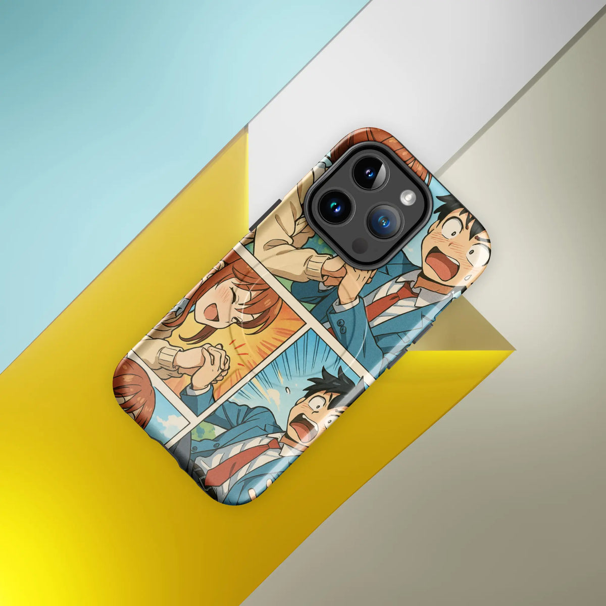 Romantic manga-style iPhone case with comic panel scene of a boy and girl holding hands in school uniforms, compatible with iPhone 14–16.