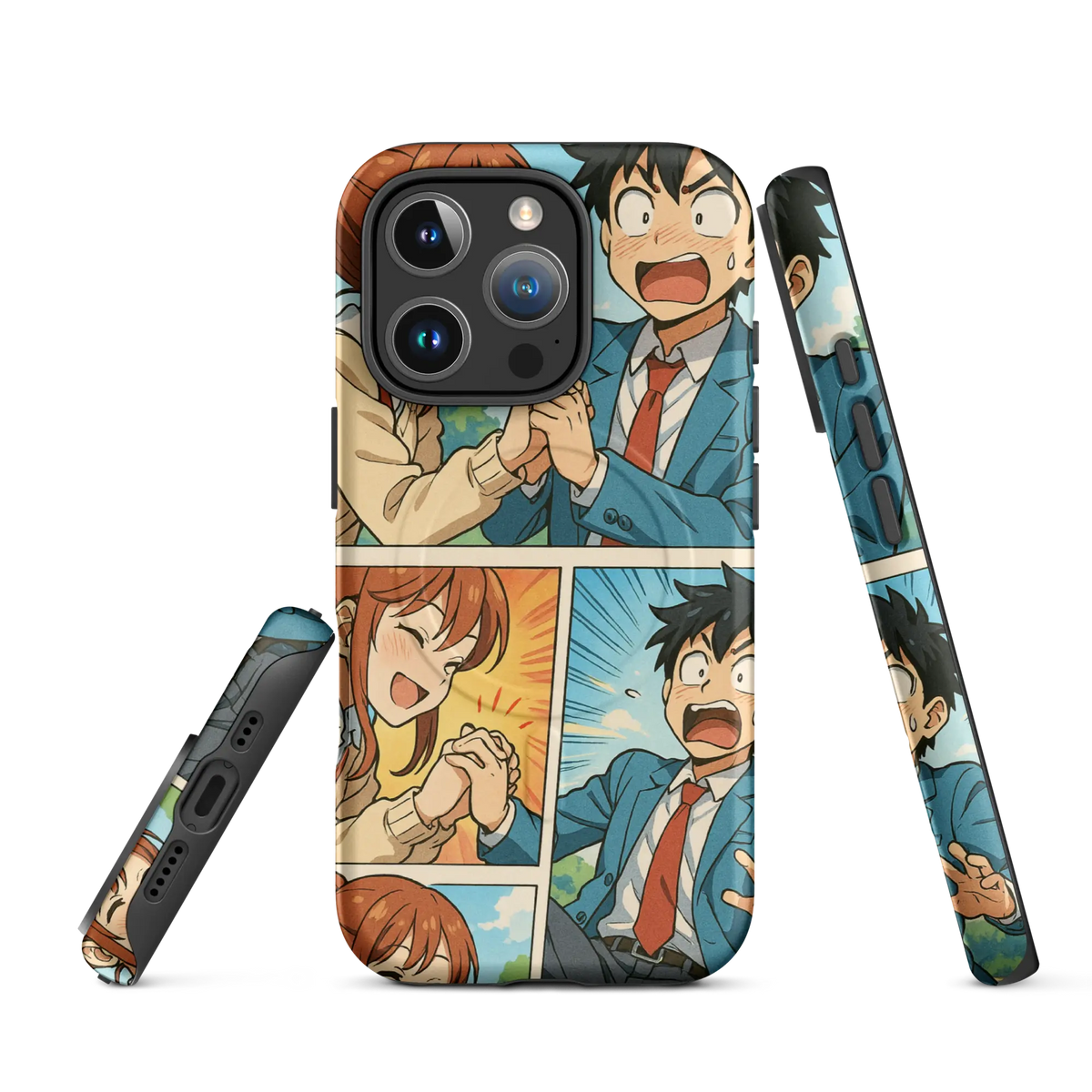 Romantic manga-style iPhone case with comic panel scene of a boy and girl holding hands in school uniforms, compatible with iPhone 14–16.