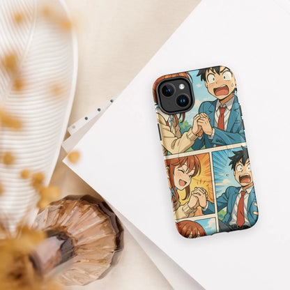 Romantic manga-style iPhone case with comic panel scene of a boy and girl holding hands in school uniforms, compatible with iPhone 14–16.