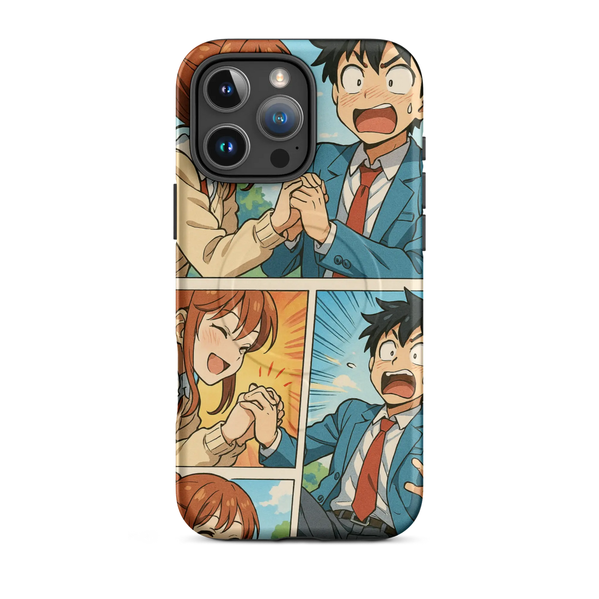 Romantic manga-style iPhone case with comic panel scene of a boy and girl holding hands in school uniforms, compatible with iPhone 14–16.