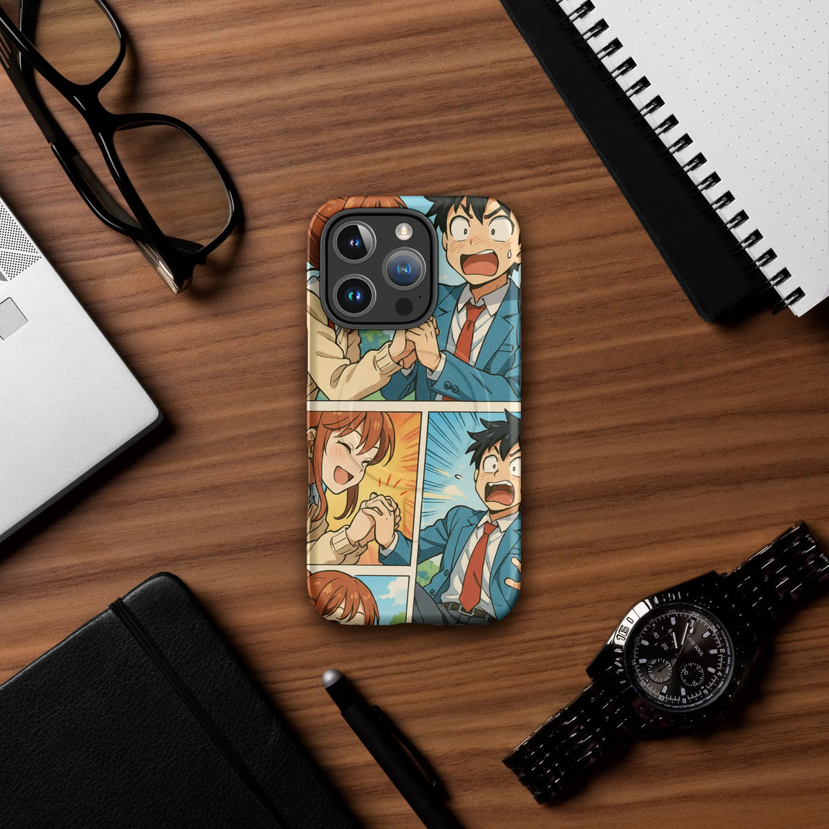 Romantic manga-style iPhone case with comic panel scene of a boy and girl holding hands in school uniforms, compatible with iPhone 14–16.