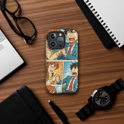 Romantic manga-style iPhone case with comic panel scene of a boy and girl holding hands in school uniforms, compatible with iPhone 14–16.