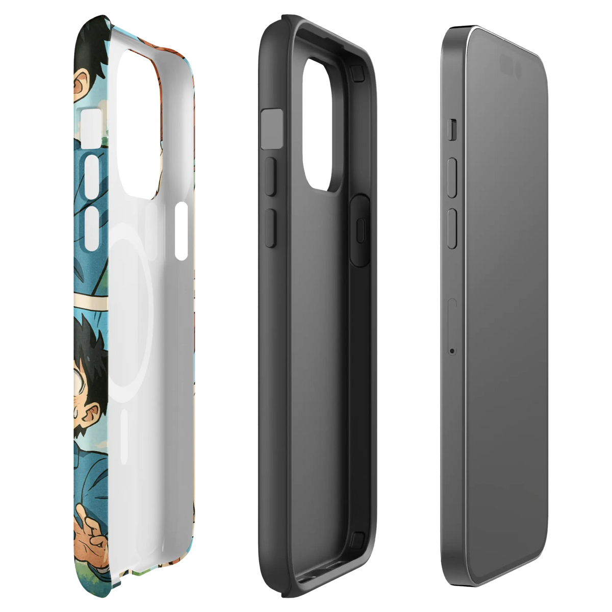 Romantic manga-style iPhone case with comic panel scene of a boy and girl holding hands in school uniforms, compatible with iPhone 14–16.