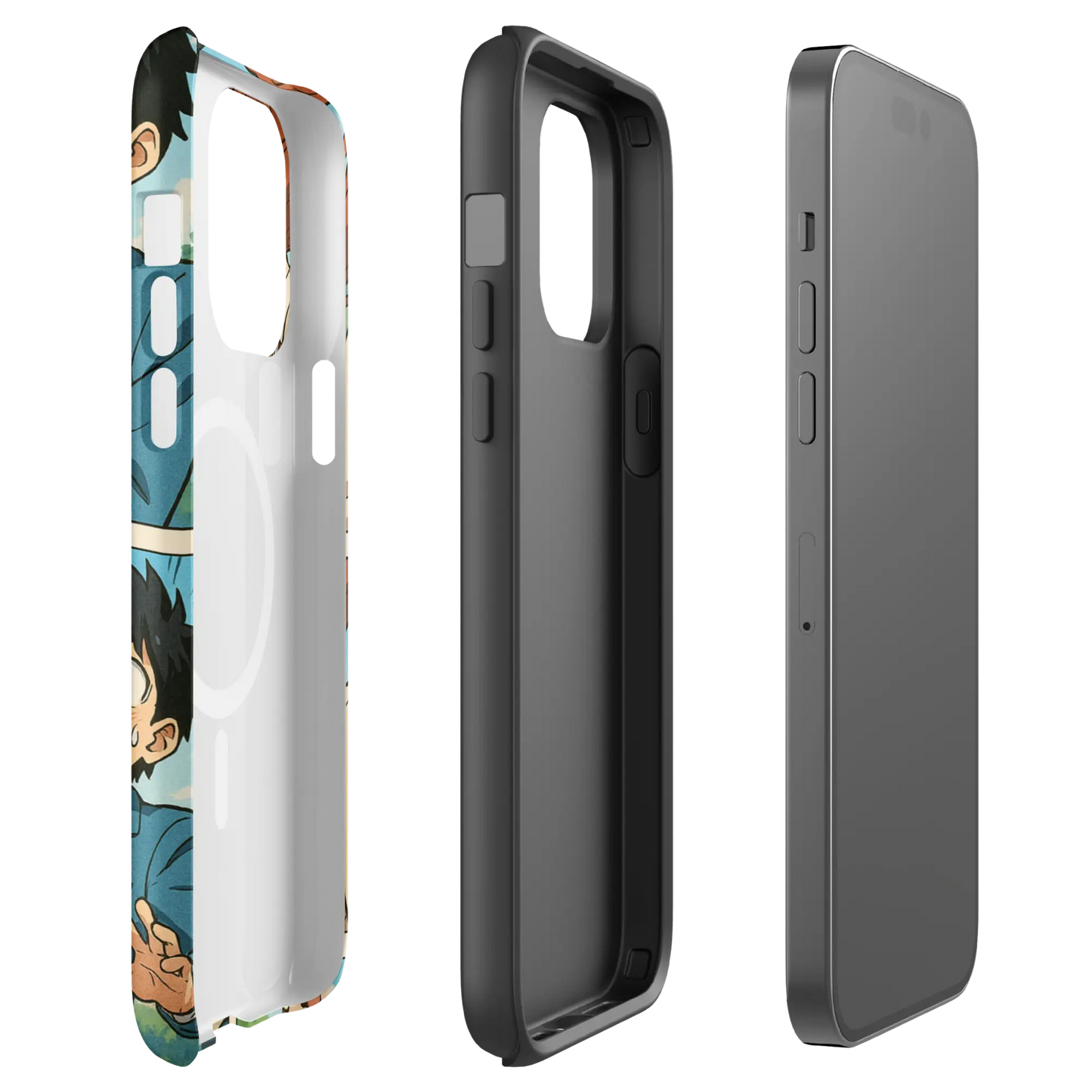 Romantic manga-style iPhone case with comic panel scene of a boy and girl holding hands in school uniforms, compatible with iPhone 14–16.