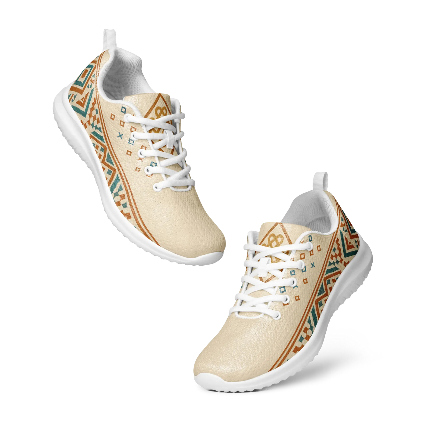 Beige men's athletic sneakers with Berber tribal pattern in teal and rust tones, shown on patterned rug with dog nearby.