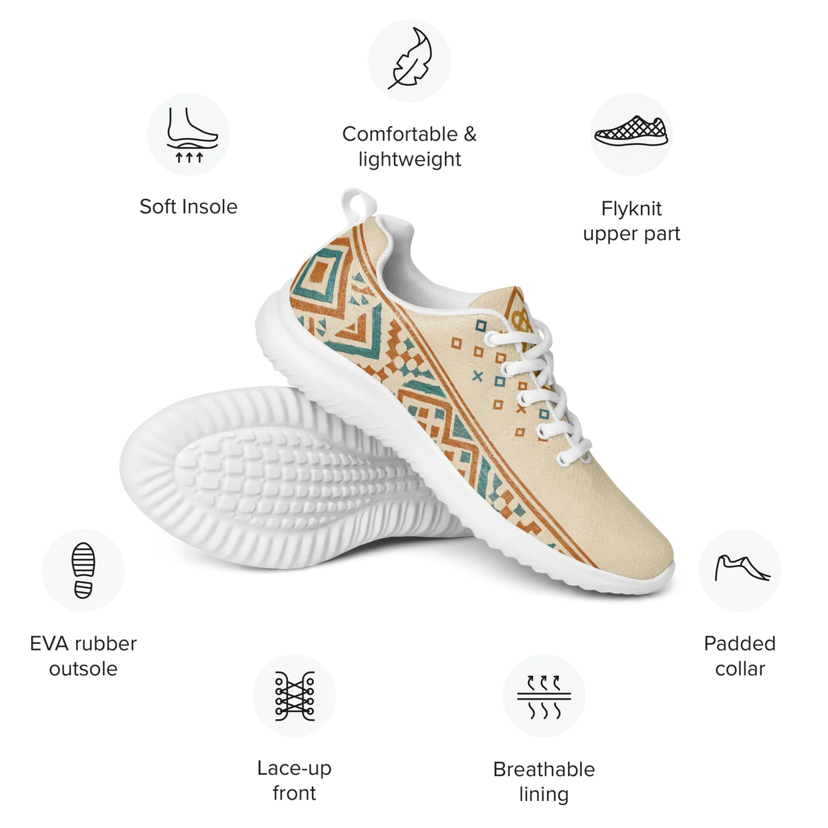 Beige men's athletic sneakers with Berber tribal pattern in teal and rust tones, shown on patterned rug with dog nearby.