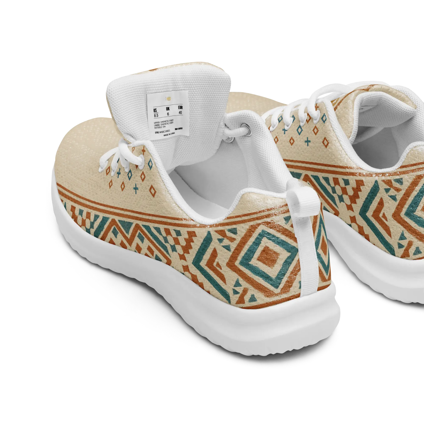 Beige men's athletic sneakers with Berber tribal pattern in teal and rust tones, shown on patterned rug with dog nearby.