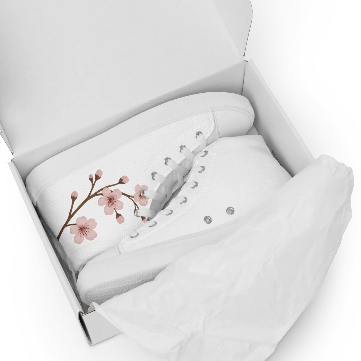 White canvas high-top shoes with Japanese cherry blossom design (sakura)