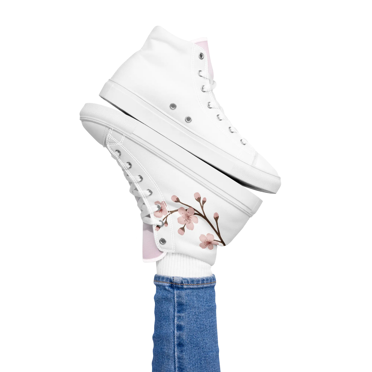 White canvas high-top shoes with Japanese cherry blossom design (sakura)