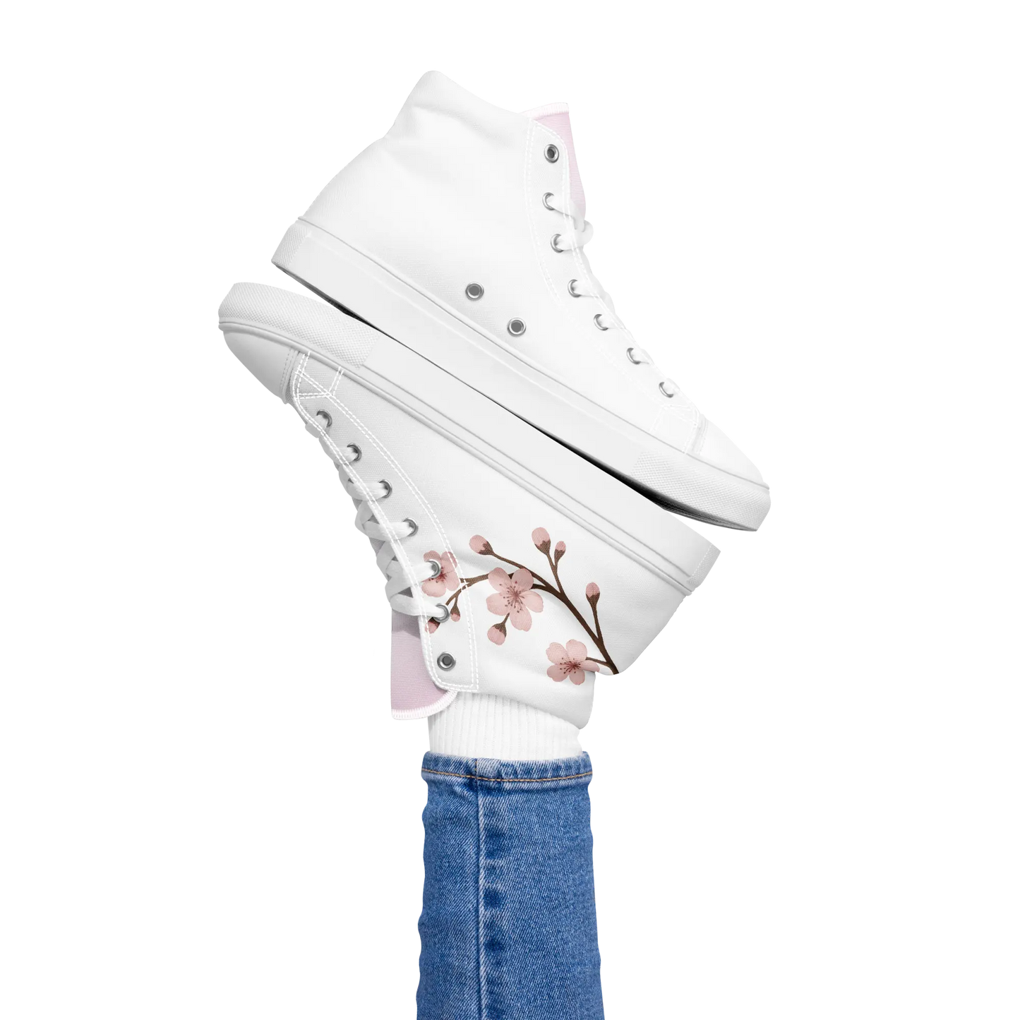 White canvas high-top shoes with Japanese cherry blossom design (sakura)