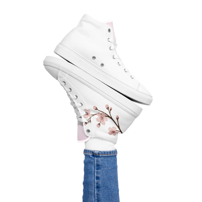 White canvas high-top shoes with Japanese cherry blossom design (sakura)