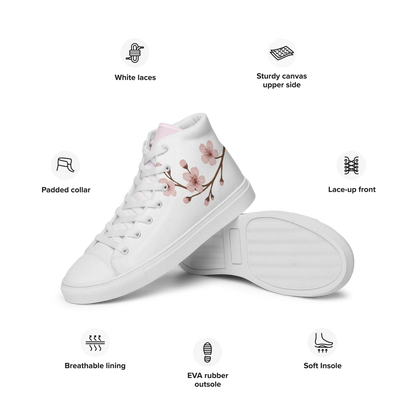 White canvas high-top shoes with Japanese cherry blossom design (sakura)