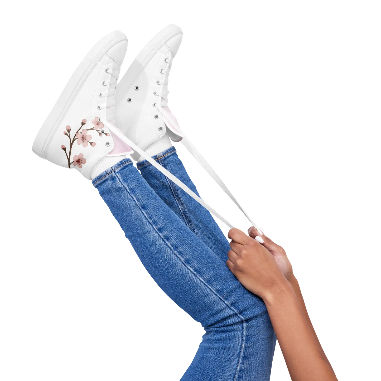 White canvas high-top shoes with Japanese cherry blossom design (sakura)