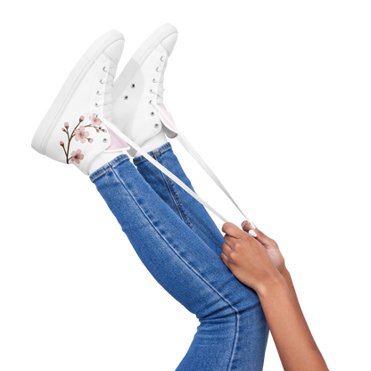White canvas high-top shoes with Japanese cherry blossom design (sakura)