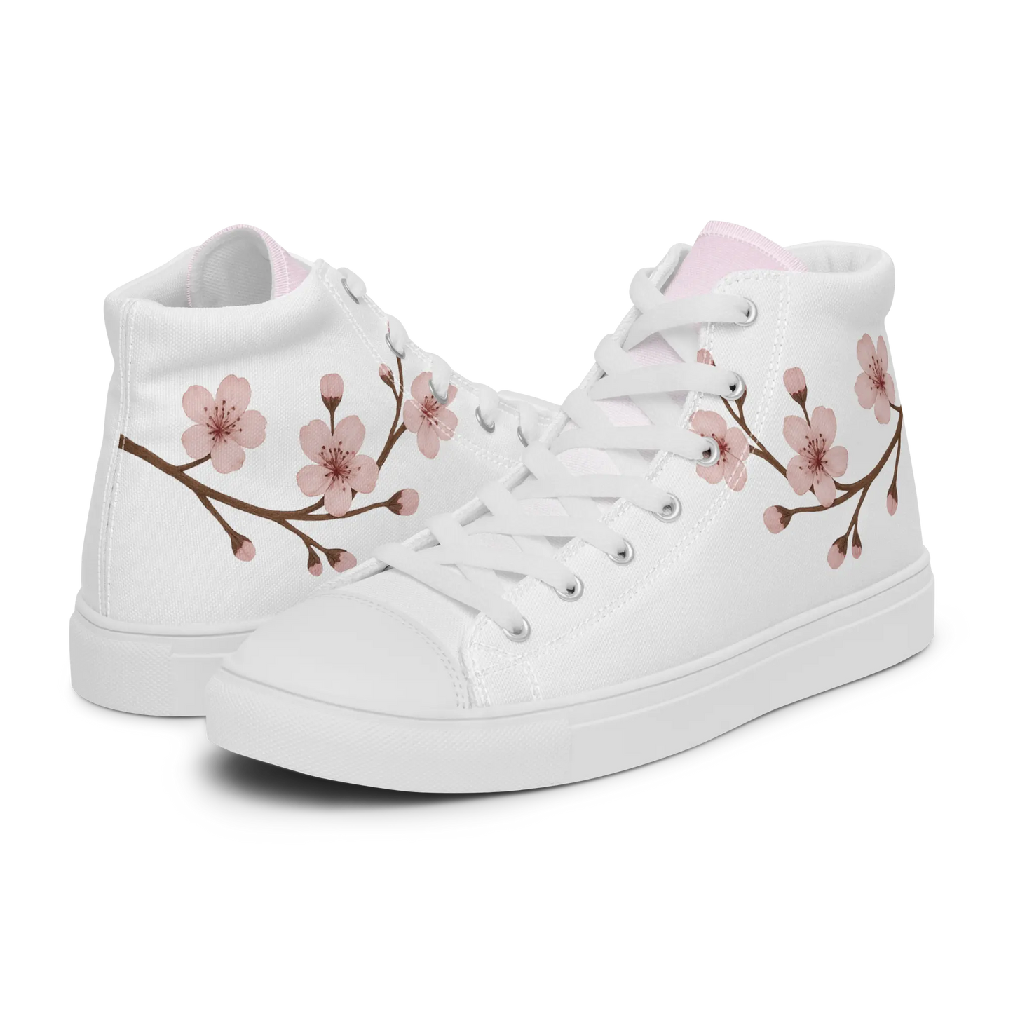White canvas high-top shoes with Japanese cherry blossom design (sakura)