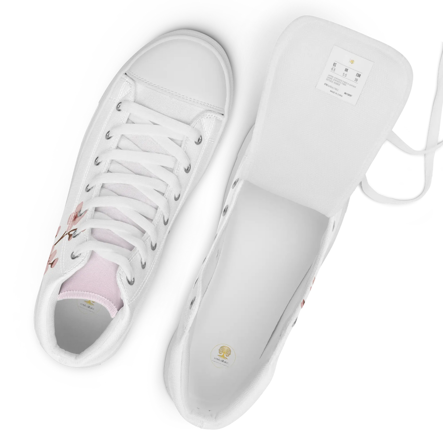 White canvas high-top shoes with Japanese cherry blossom design (sakura)