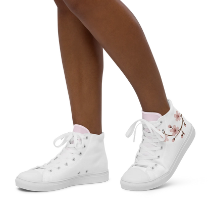 White canvas high-top shoes with Japanese cherry blossom design (sakura)